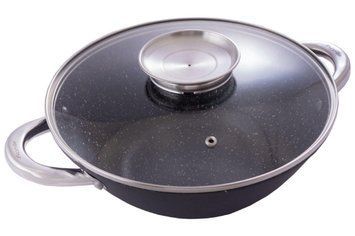 Сковорода WOK чавунна Kamille - 320 мм x 6,5 л мармур з кришкою (4807MR) 000073962 фото