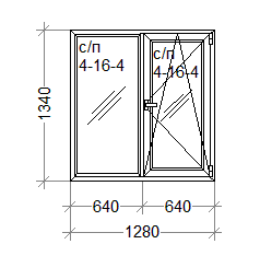 Пластиковое окно двухстворчатое с поворотно-откидной створкой WDS 1280мм*1340мм(Axor) стеклопакет 24мм(4-16-4) 9000001 фото