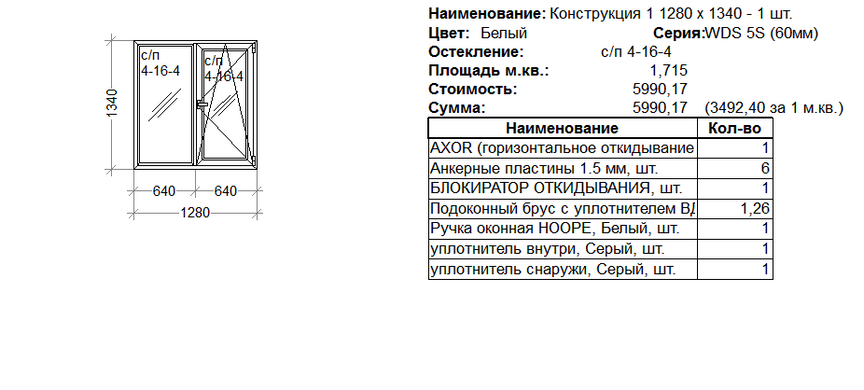 Пластиковое окно двухстворчатое с поворотно-откидной створкой WDS 1280мм*1340мм(Axor) стеклопакет 24мм(4-16-4) 9000001 фото