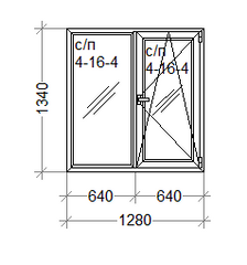 Пластикове вікно двостулкове з поворотно-відкидною стулкою WDS 1280мм*1340мм(Roto) склопакет 24мм (4-16-4) 900004 фото