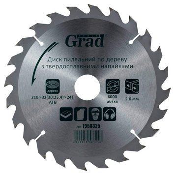 Диск пильный по дереву с твердосплавными напайками 210&times;32(30;25.4)&times;24T GRAD (1958325) 1958325 фото